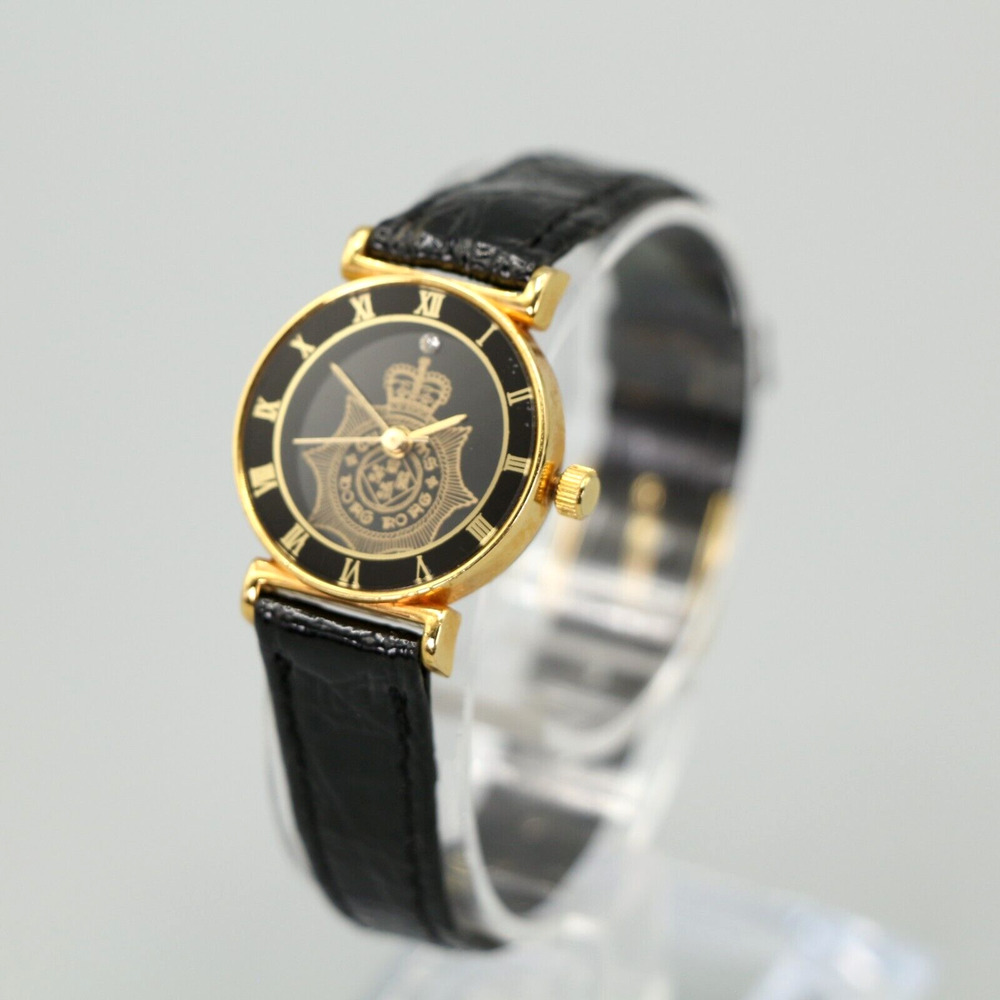 Black and Gold Tone Watch 22mm Womens Logo Dial Leather Strap w Fresh Battery
